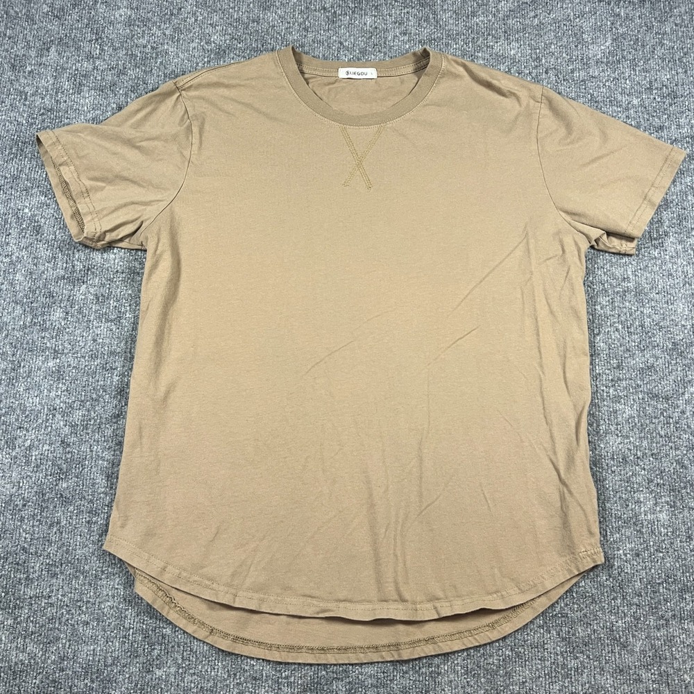 KLIEGOU T-Shirt Mens Large Brown Cotton Crew Neck Hipster Longline Short Sleeve